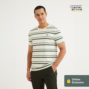 [Online Exclusive] camel active Men Short Sleeve T-Shirt in Regular Fit with Stripe in Olive Poly Cotton Blend 282-AW24C2875A