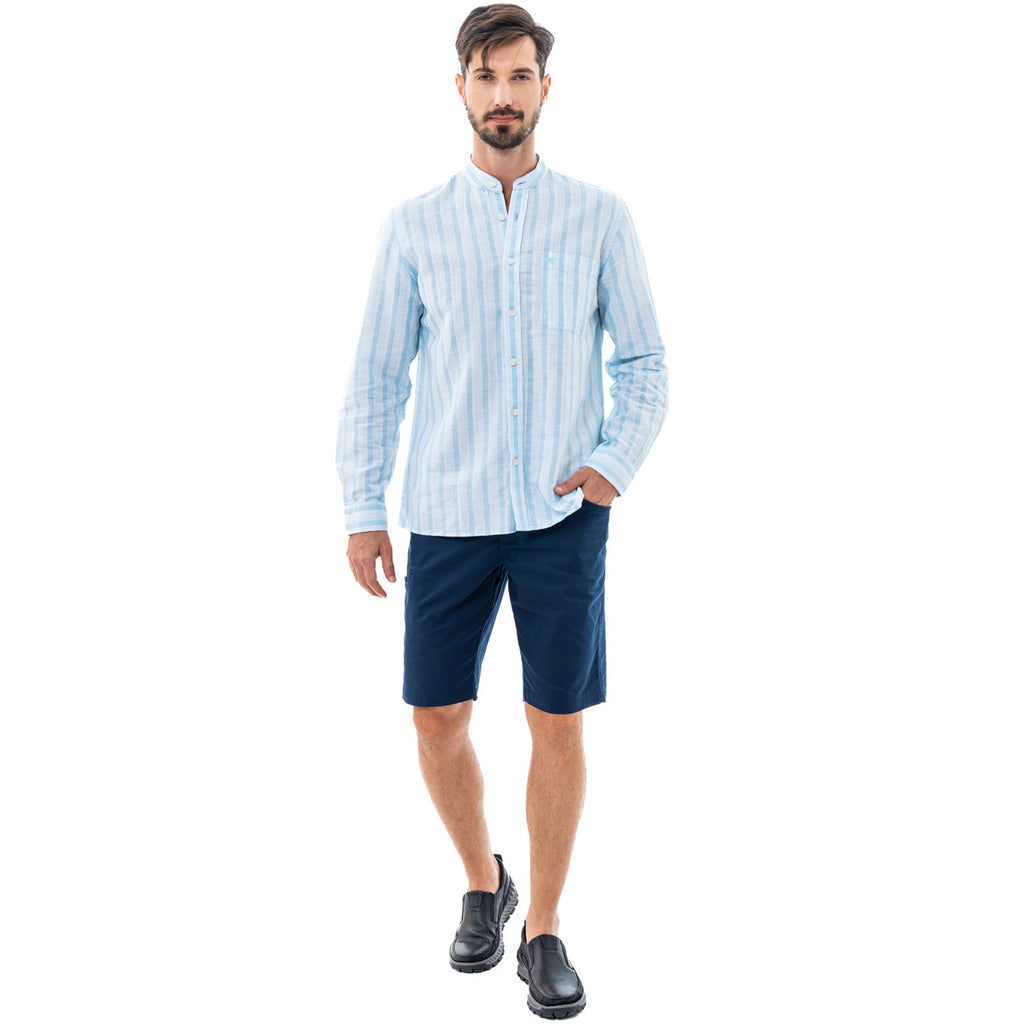 camel active | Long Sleeve Shirt in Regular Fit with Striped in Cotton Linen | Light Blue