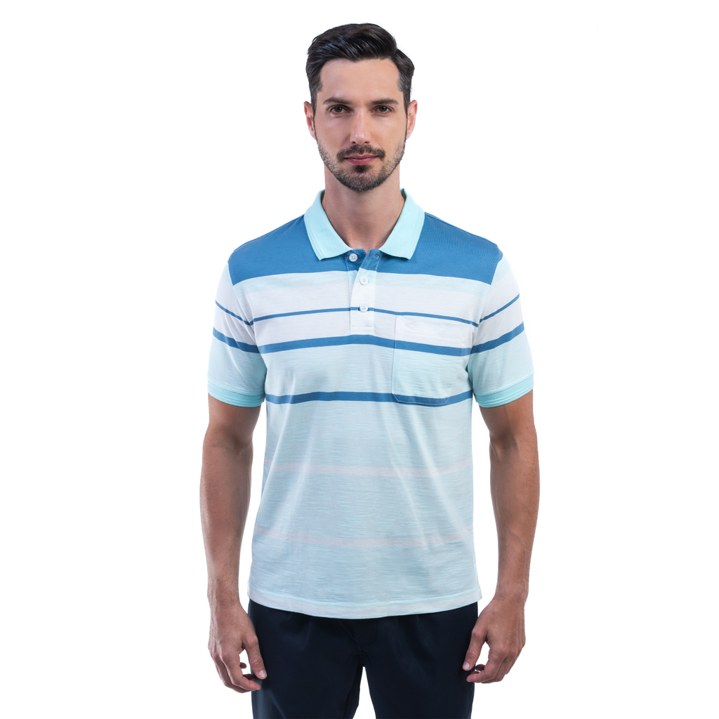 camel active | Short Sleeve Polo-T in Regular Fit with Multistripe | Light Blue 