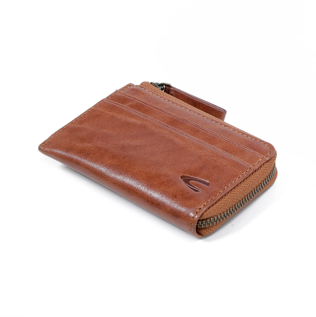 camel active | Men Zip Card Pouch Leather 6 Card Compartment Grainy Finished | Brown