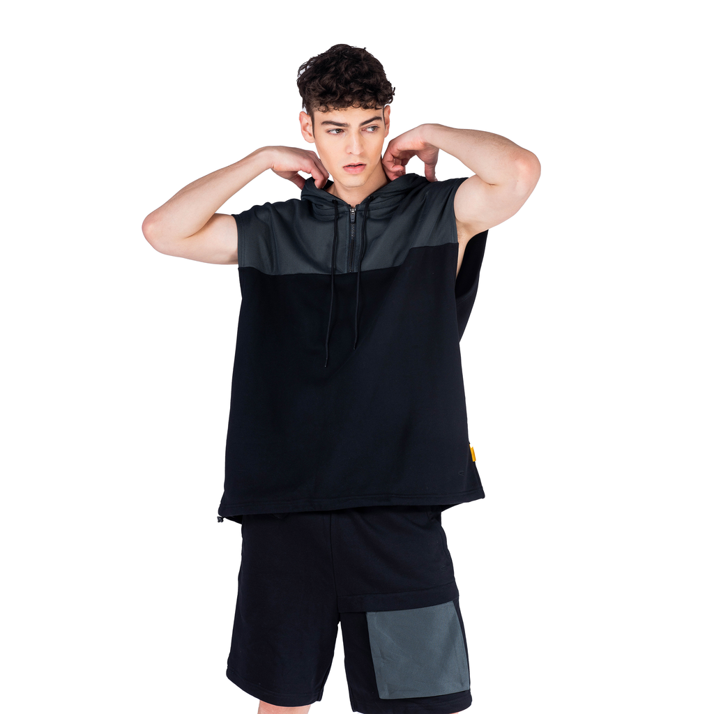 C by camel active | Sleeveless Hoodie in Oversized with Mesh Paneled in Cotton Poly Terry | Black