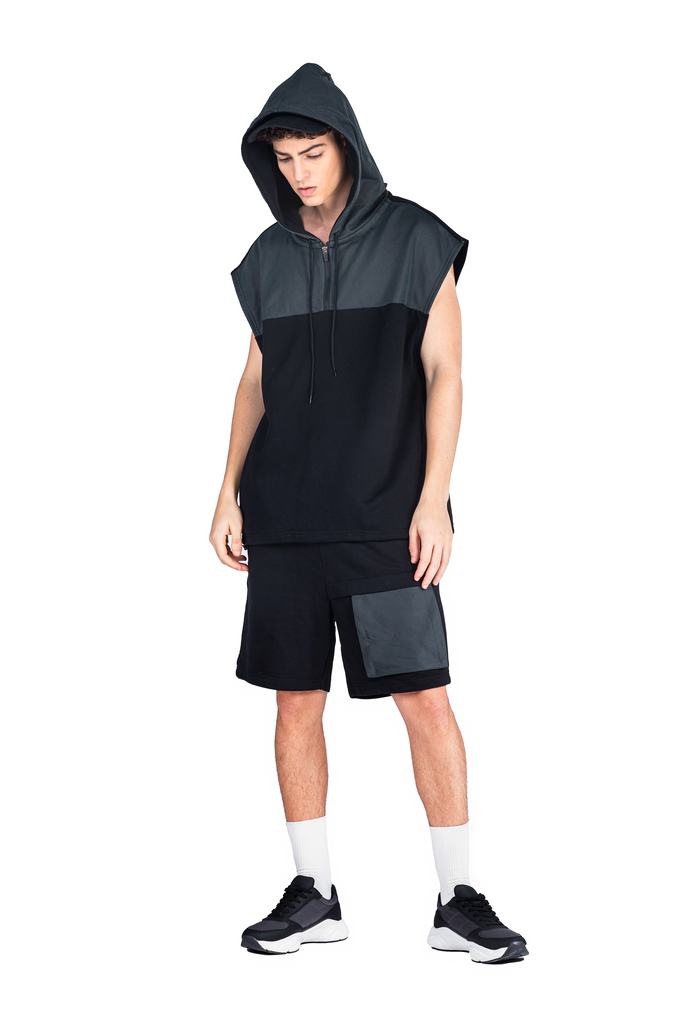 Sleeveless Hoodie in Oversized with Mesh Paneled in Cotton Poly Terry | Black