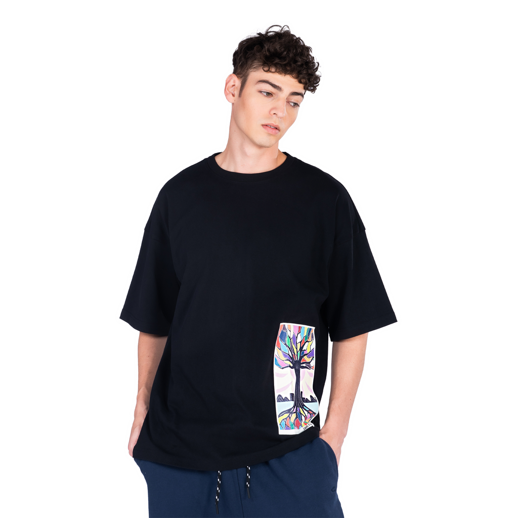 C by camel active | Short Sleeve T-Shirt in Oversized with Graphic Print in 2 Colors Cotton Jersey | Black