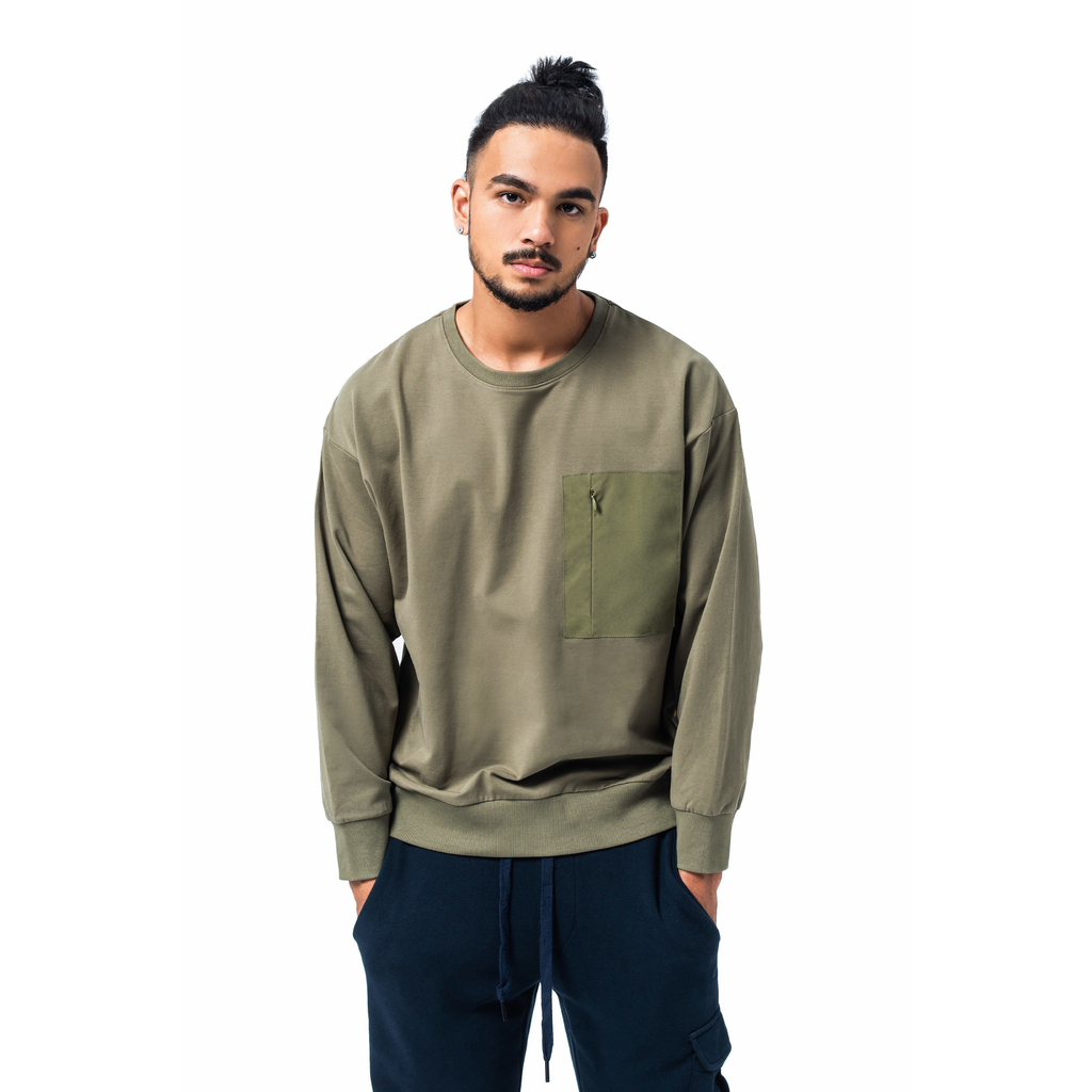 C by camel active | Sweatshirt in Oversized with Crew Neck Panelled Pocket | Olive