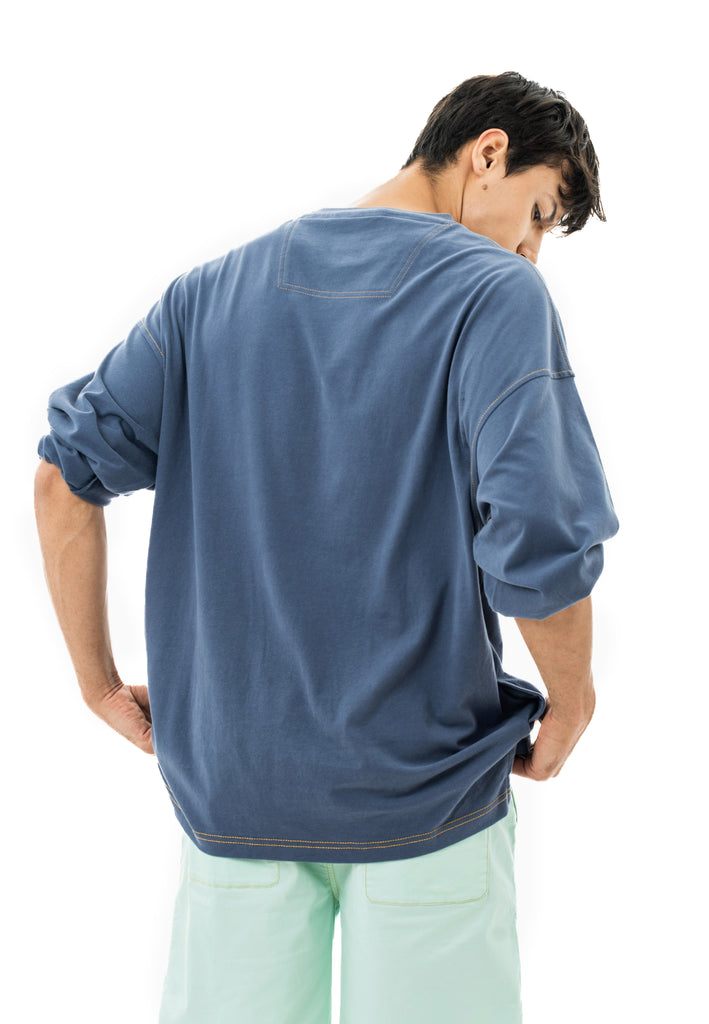 C by camel active | Long Sleeve T-Shirt in Oversized with Contrast Stitch in Cotton Jersey | Blue Gray