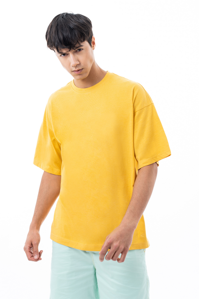 C by camel active | Short Sleeve T-Shirt in Oversized with Crew Neck in Cotton Poly | Yellow