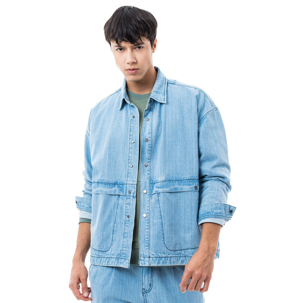 C by camel active | Long Sleeve Overshirt in Loose Fit with Point Collar in Cotton Denim | Light Blue