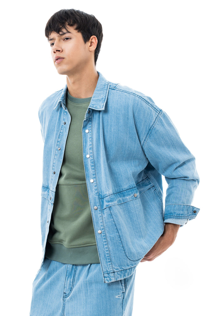 C by camel active | Long Sleeve Overshirt in Loose Fit with Point Collar in Cotton Denim | Light Blue