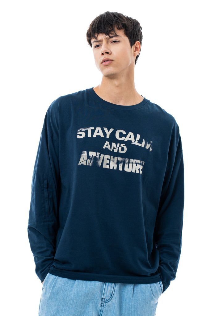 C by camel active | Long Sleeve T-Shirt in Oversized with Graphic Print in Cotton Jersey | Navy Blue