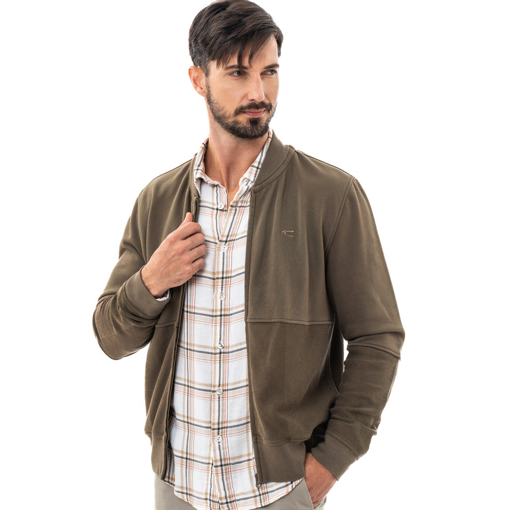 camel active | Bomber Jacket in Regular Fit with Panelled Design in Cotton Poly CVC Terry | Olive