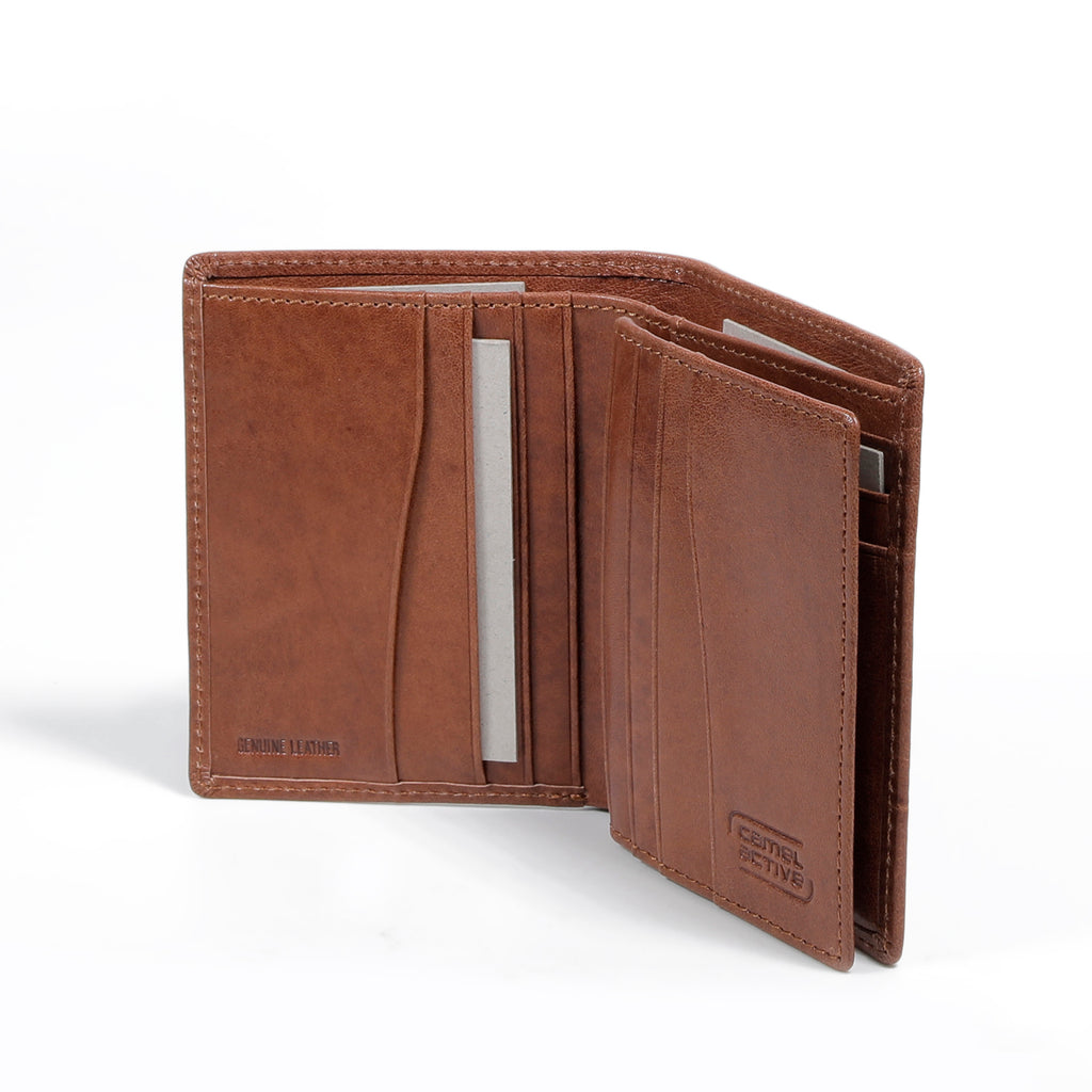 camel active | Men Vertical Bi Fold Wallet Leather 11 Card Compartments Grainy Finished | Brown
