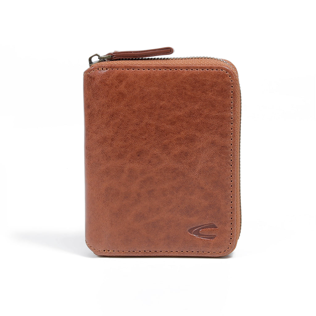 camel active | Men Zip Vertical Coin Wallet Leather 7 Card Compartments Grainy Finished | Brown