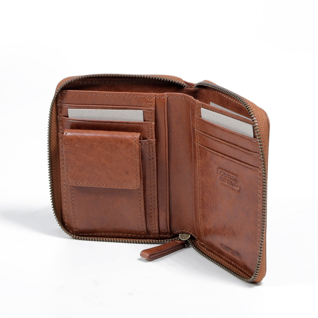 camel active | Men Zip Vertical Coin Wallet Leather 7 Card Compartments Grainy Finished | Brown