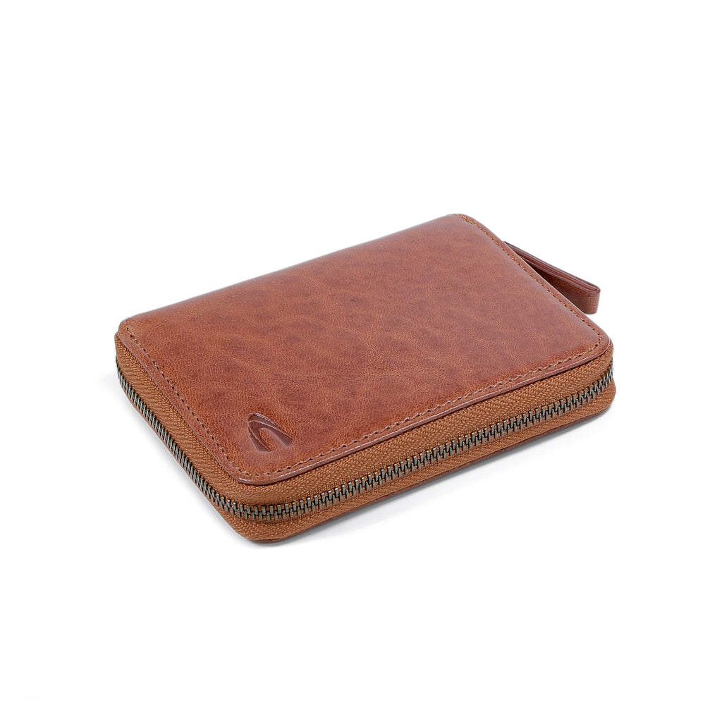 camel active | Men Zip Vertical Coin Wallet Leather 7 Card Compartments Grainy Finished | Brown