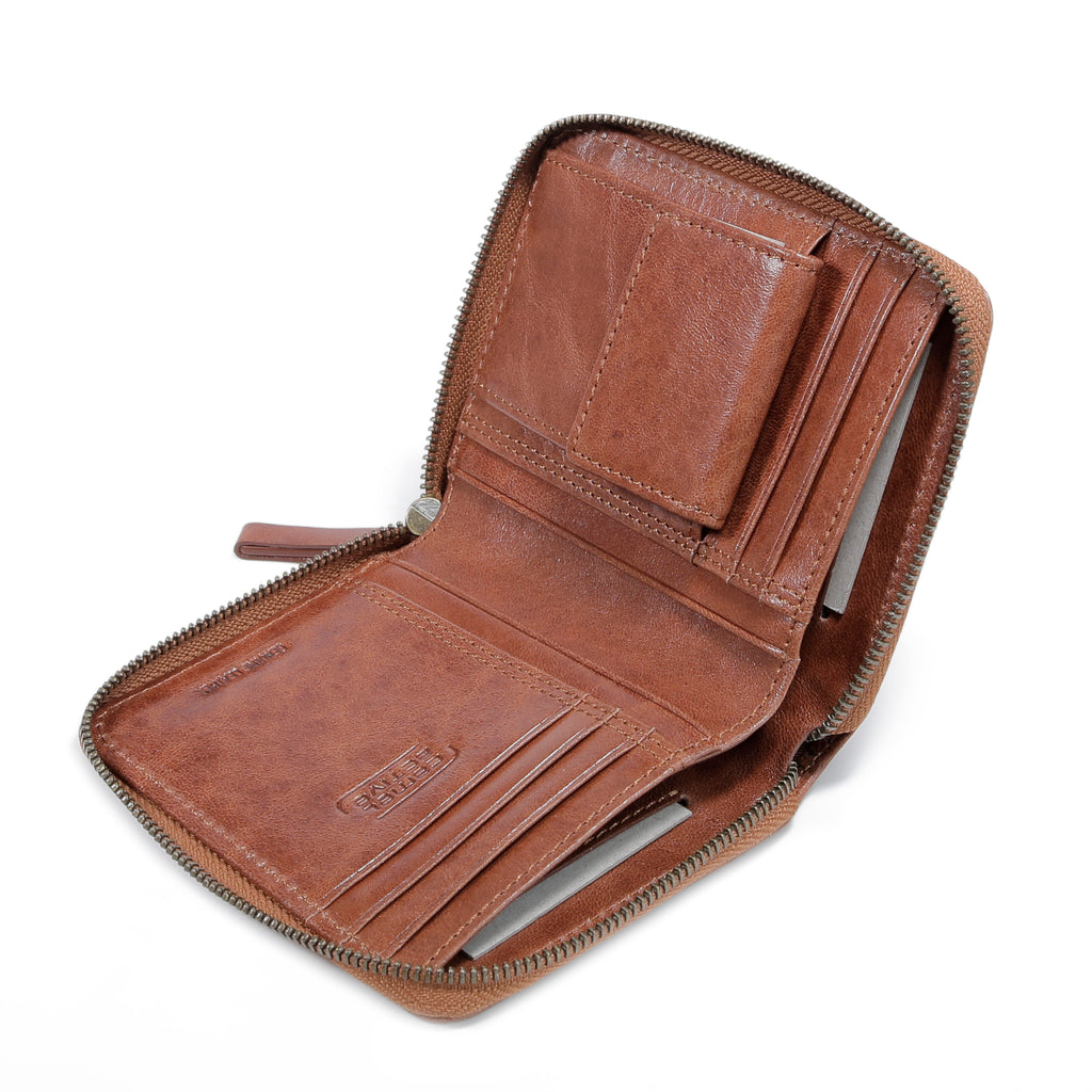 camel active | Men Zip Vertical Coin Wallet Leather 7 Card Compartments Grainy Finished | Brown