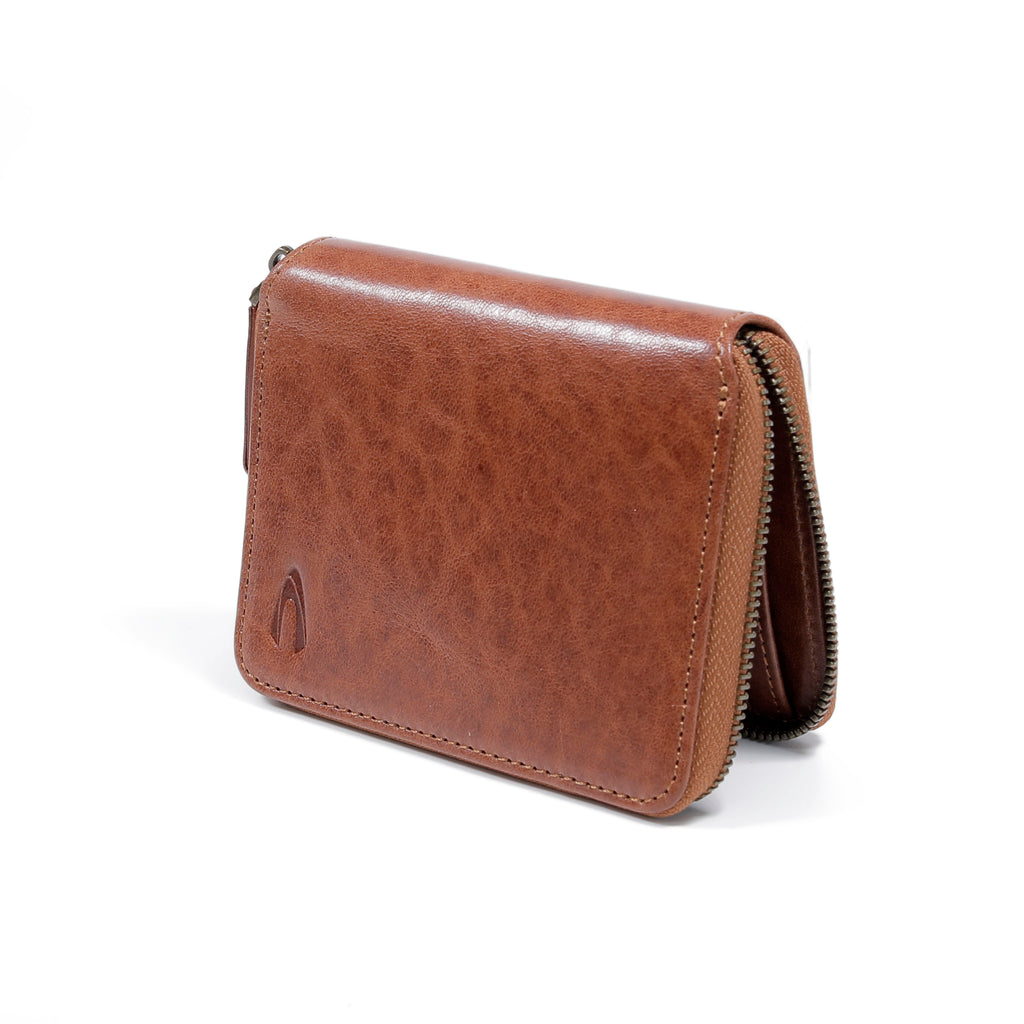 camel active | Men Zip Vertical Coin Wallet Leather 7 Card Compartments Grainy Finished | Brown