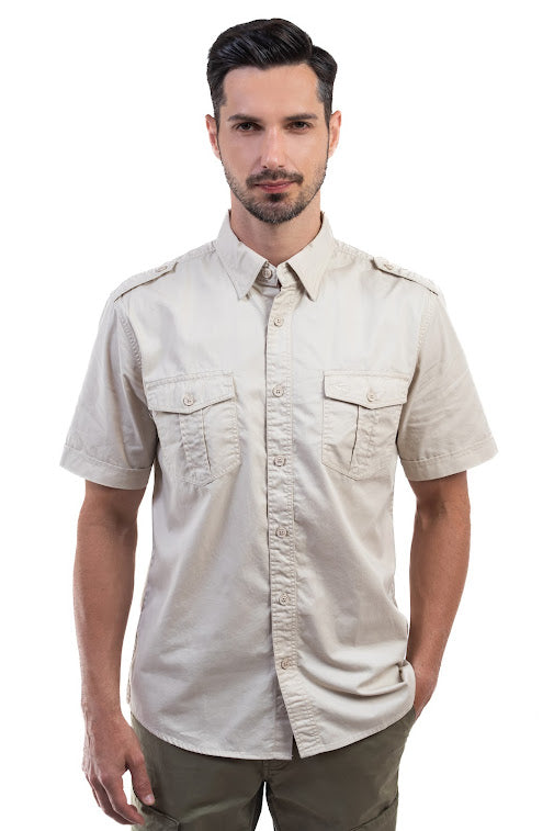 camel active | Short Sleeve Safari Shirt in Regular Fit with Epaulettes | Beige