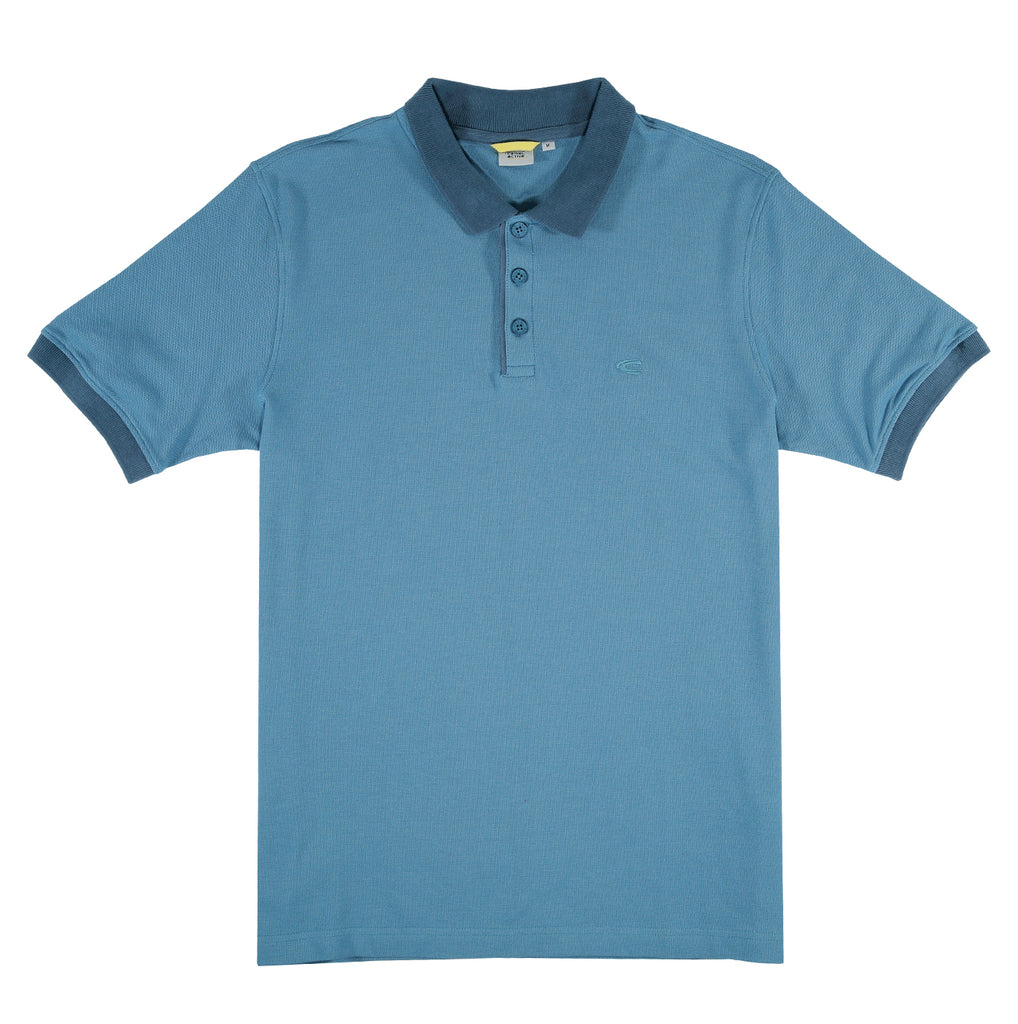 camel active | Short Sleeve Polo in Regular Fit with Contrast Ribbed | Blue Grey