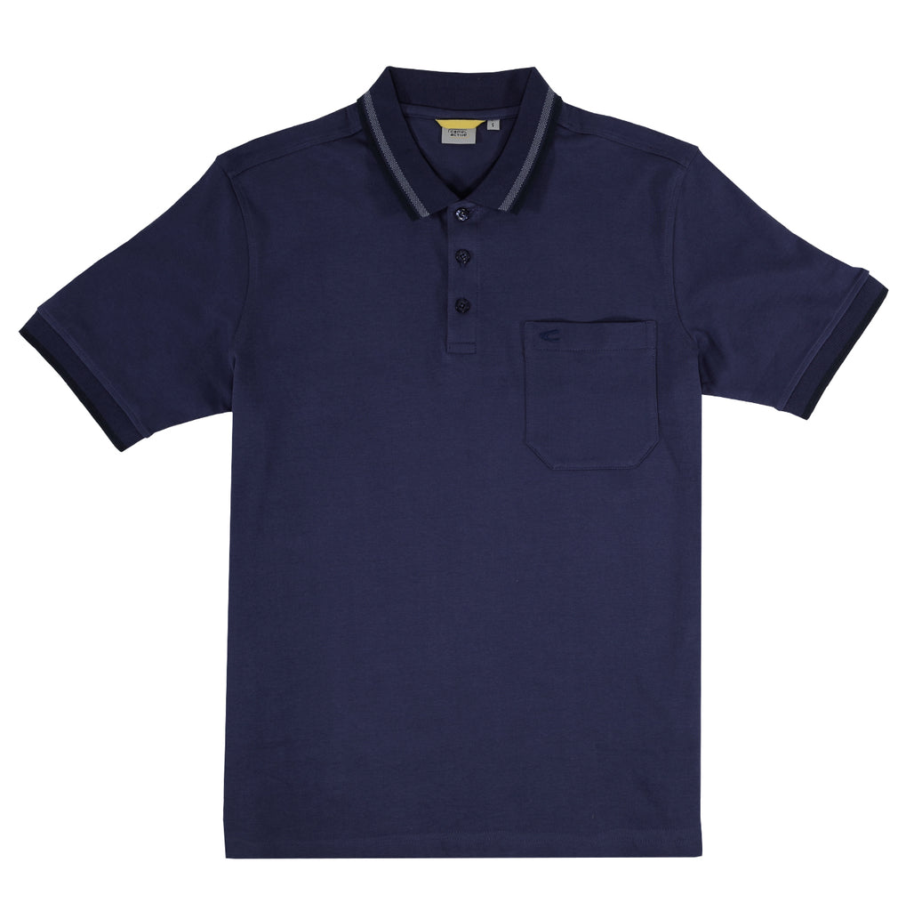 camel active | Short Sleeve Polo in Regular Fit with Ribbed Stripe Trim | Dark Blue