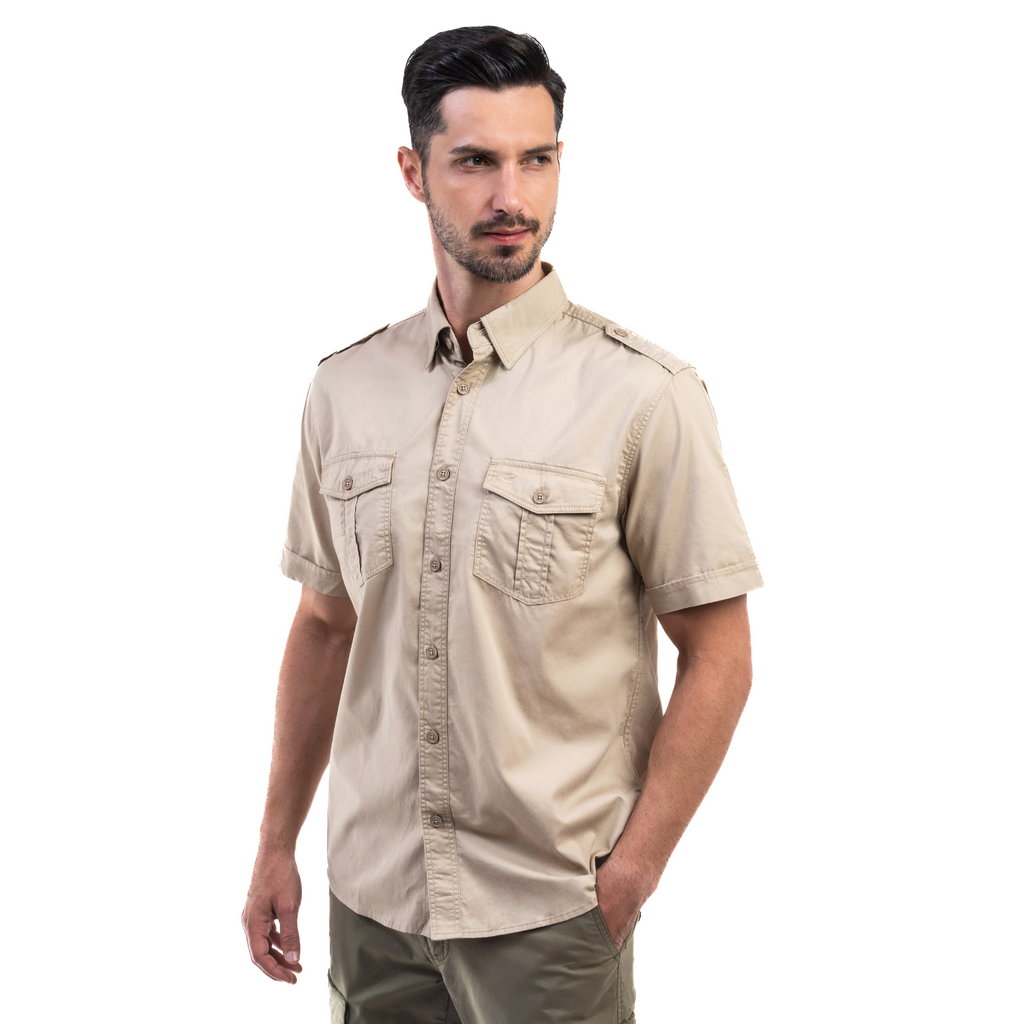 camel active | Short Sleeve Safari Shirt in Regular Fit with Epaulettes | Khaki