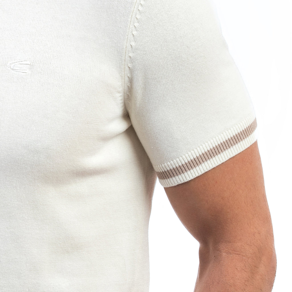 camel active | Short Sleeve Knit Polo in Regular Fit with Ribbed Stripe Trim | Cream