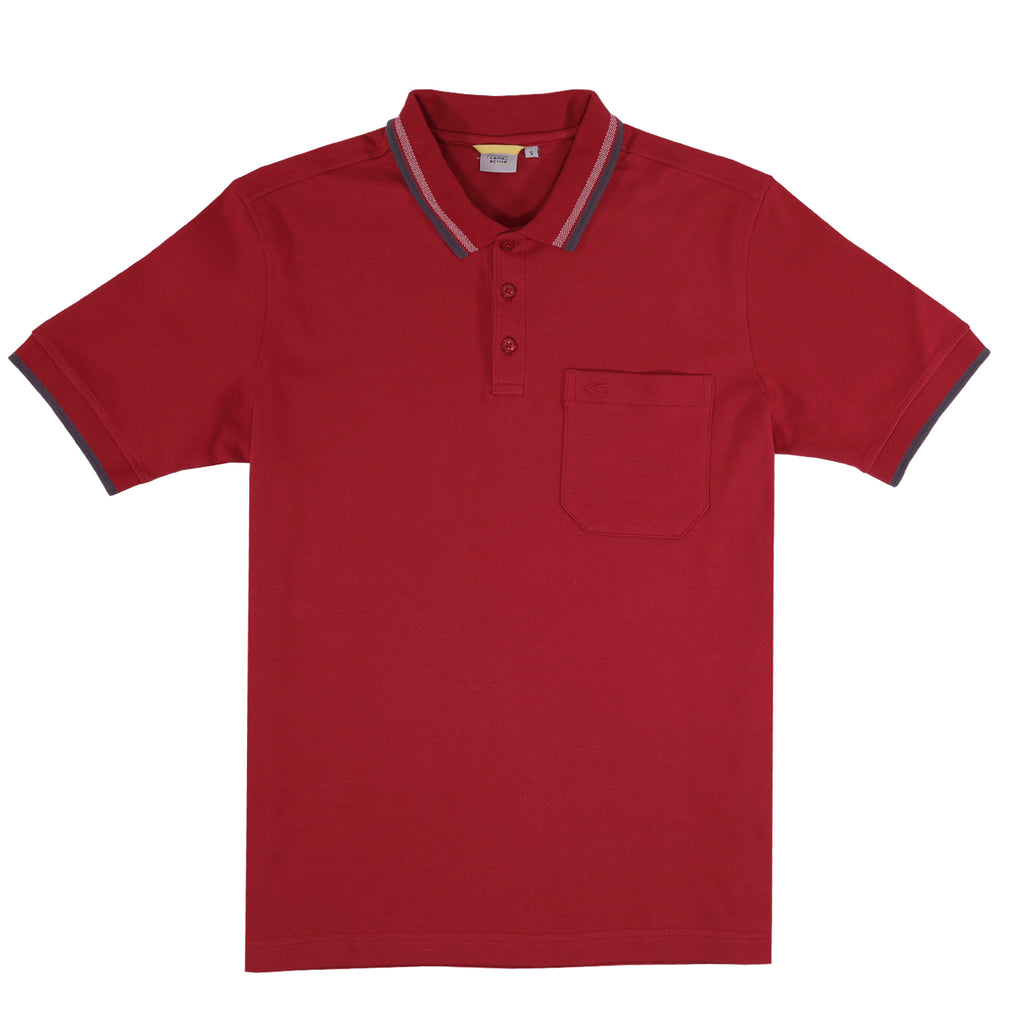 camel active | Short Sleeve Polo in Regular Fit with Ribbed Stripe Trim | Red