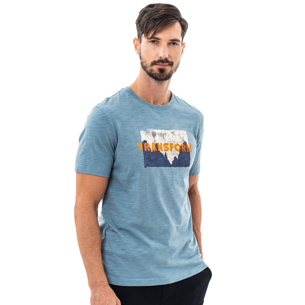 camel active | Short Sleeve T-Shirt in Regular Fit with Graphic Print in Cotton Slub Jersey | Blue Gray