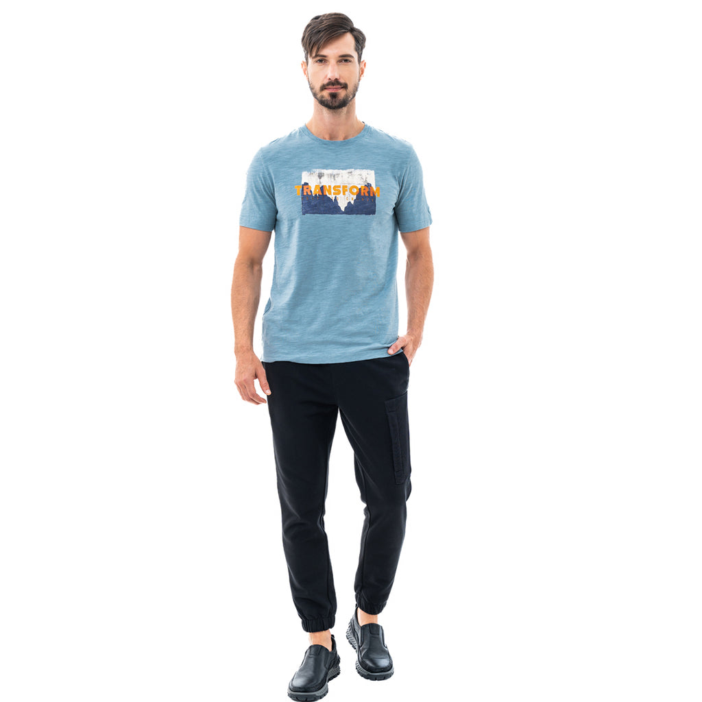 camel active | Short Sleeve T-Shirt in Regular Fit with Graphic Print in Cotton Slub Jersey | Blue Gray